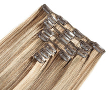 Load image into Gallery viewer, SEAMLESS Light Brown/Bleach Blonde Highlights #8/613 Deluxe Clip-in hair extensions